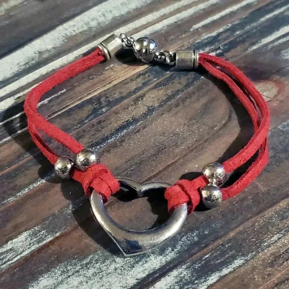 Handcrafted Antique Silver Red Vegan Suede Open Heart Magnetic Clasp Bracelet